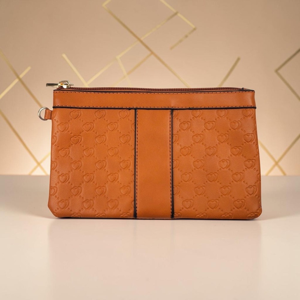 Tan Heart Embossed Faux Leather Zipper Pouch Clutch with Animal Print Lining